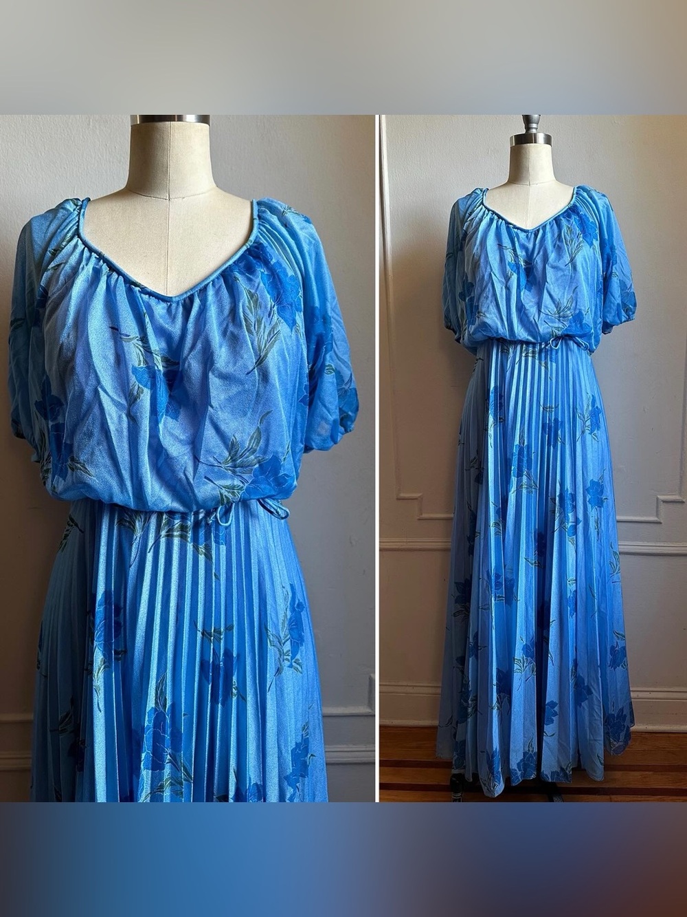 Vintage 70s Floral Blue Pleated Maxi Dress  Size Small